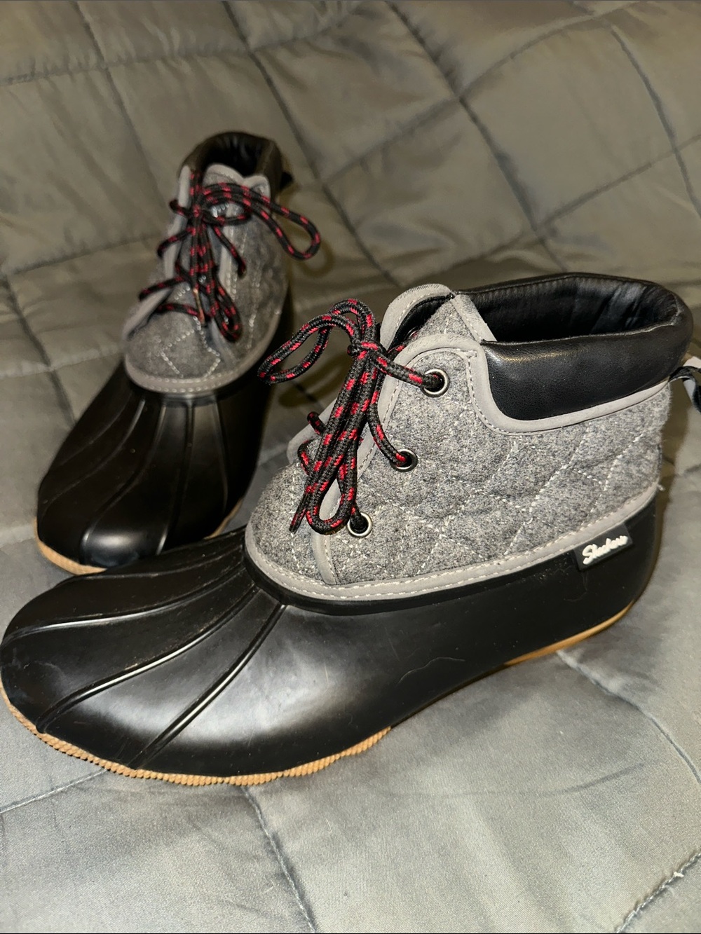 Skechers Gray Quilted Duck Boots with Black Rubber Soles
